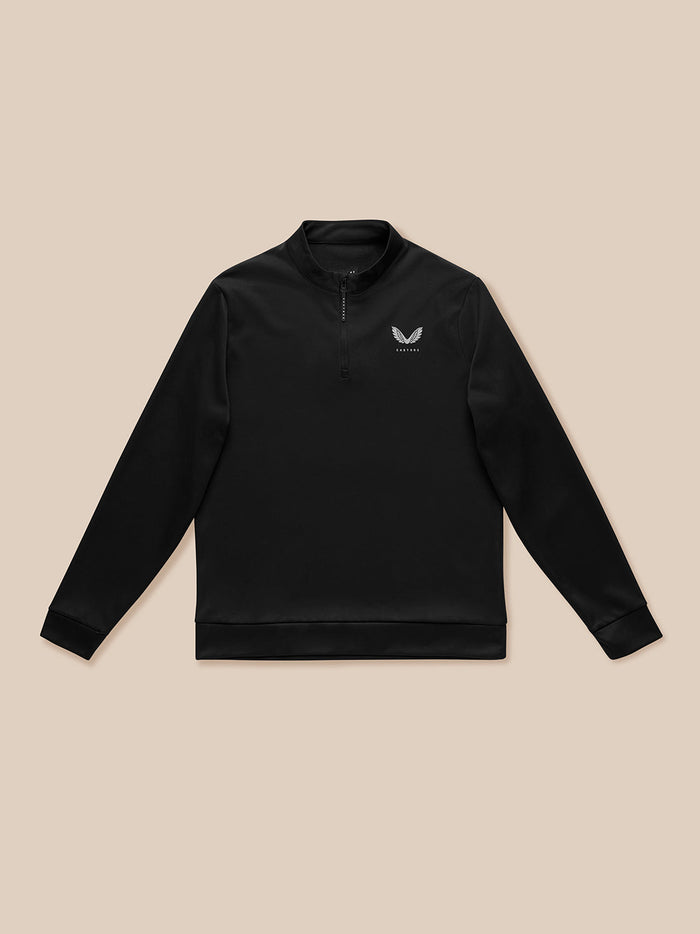 Black men's golf long sleeve top with a stand collar and quarter zip featuring a white Castore logo on the left chest