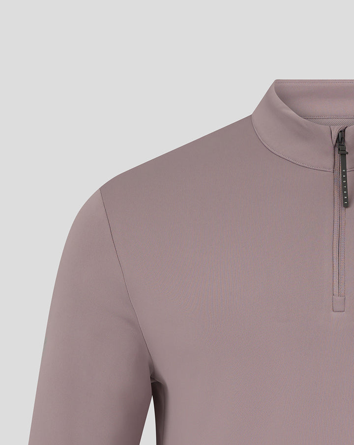 Close-up of mauve Club Classic Quarter Zip collar and front zipper detail.
