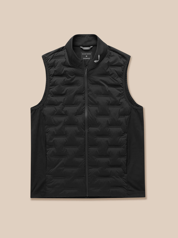 Black Golf Pinnacle Gilet with stand collar and front zip, quilted panels and Castore branding.