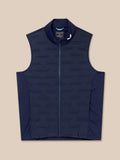 Flat lay of Midnight Navy Pinnacle Gilet with full zip and standing collar.