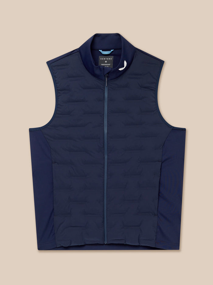 Flat lay of Midnight Navy Pinnacle Gilet with full zip and standing collar.