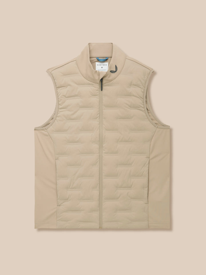 Mushroom beige quilted golf gilet with funnel collar and full zip; logo at the collar.