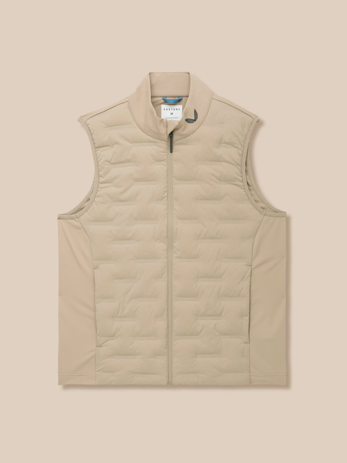 Mushroom beige quilted golf gilet with funnel collar and full zip; logo at the collar.