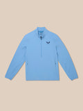 Front view of a sky blue Castore Golf Flex Half Zip Jacket with a standing collar and chest logo.