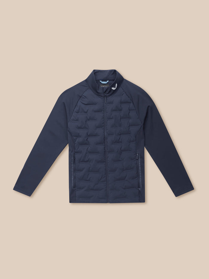 Front view of Golf Pinnacle Jacket in midnight navy with quilted front panels and a stand collar