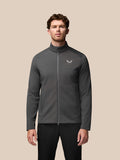 Charcoal Garcia Hybrid Jacket worn by a man, stand collar, full front zip and zip pockets.