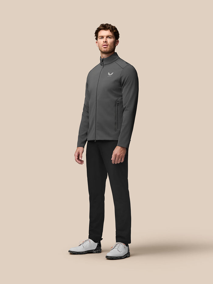 Male model wearing Garcia Hybrid Jacket in charcoal front view showcasing stand collar zip and side pockets