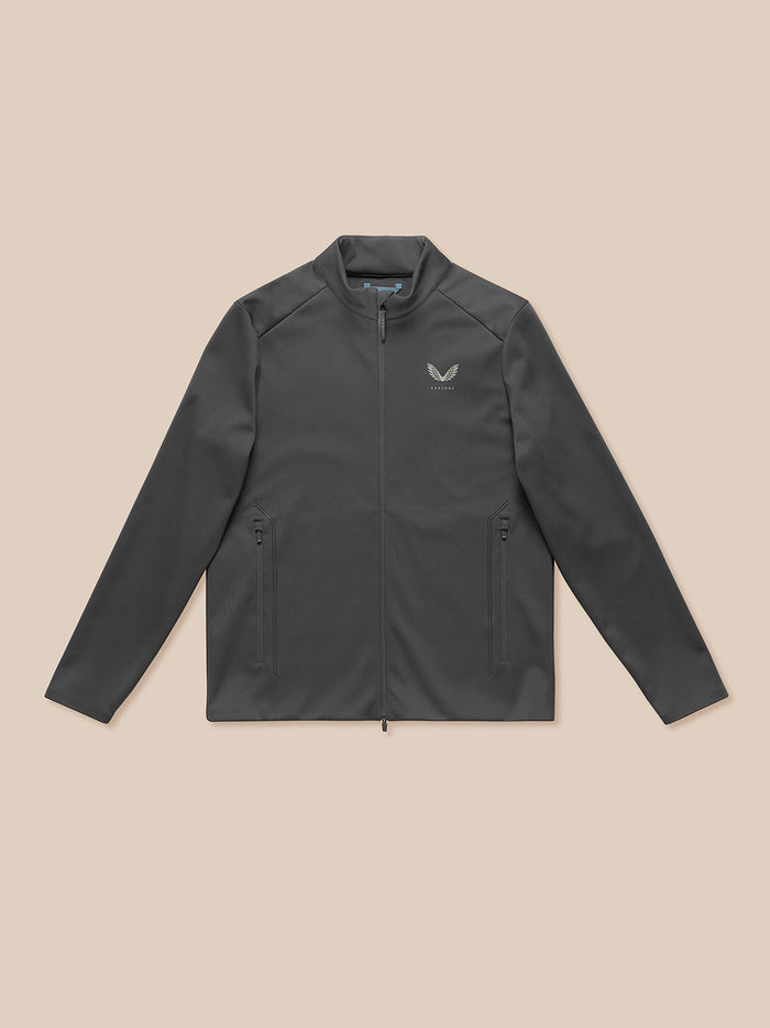 Charcoal Garcia Hybrid Jacket with stand collar full zip and zip pockets Castore logo on chest and Protek branding on the right cuff