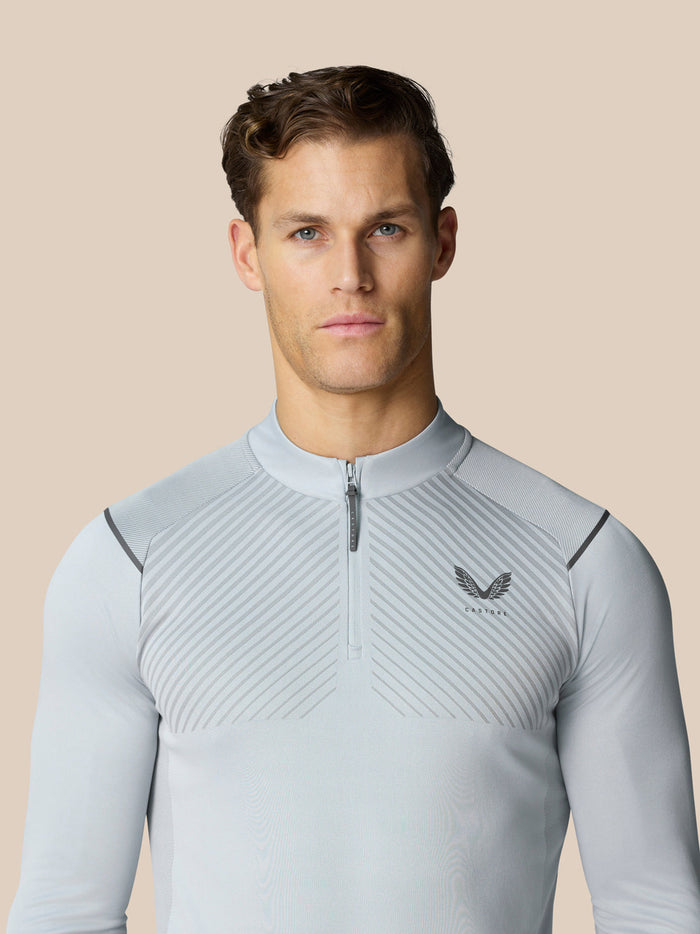Male model wearing Pinnacle LVS 1/4 Zip Top in mid grey with diagonal knit pattern and zip collar
