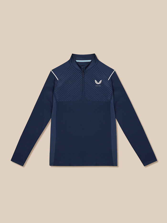 Navy Pinnacle LVS 1/4 Zip Top laid flat showing diagonal chest stripes and white shoulder piping