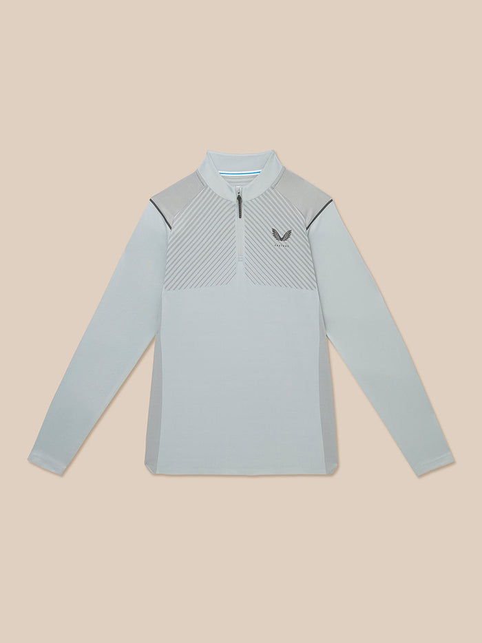 Full body view of a man in the Pinnacle LVS 1/4 Zip Top in mid grey with matching trousers against a beige background