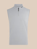 Front view of light blue sleeveless golf gilet with high neck and half-zip