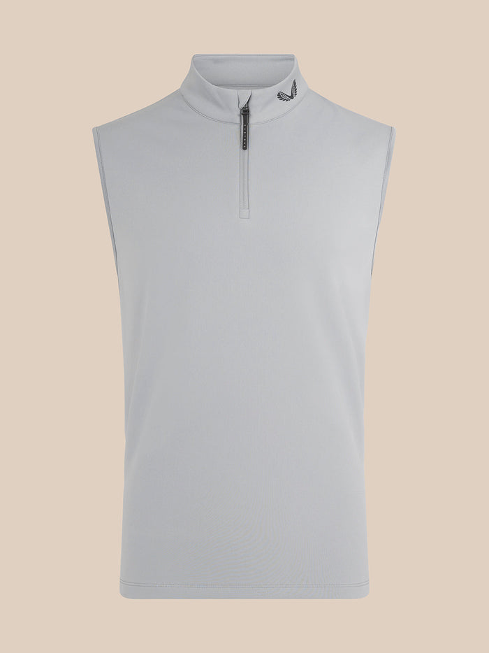 Front view of light blue sleeveless golf gilet with high neck and half-zip