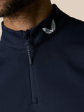 Close-up of navy Club 1/2 Zip Gilet collar with a white wing logo and CASTORE zip pull