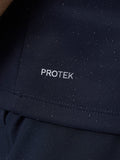 Detail of navy ProTek fabric with water droplets beading on the surface.