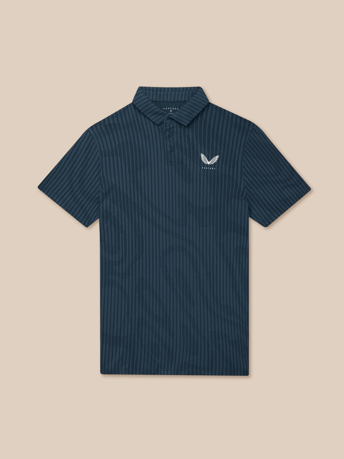 Golf Pinnacle Glow Polo in midnight navy featuring a striped knit pattern, collar with buttons, and left chest Castore logo.