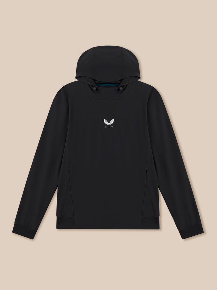 Front view of black Golf Pinnacle Performance Hoodie with a centered Castore logo on the chest and a three-panel hood