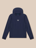 Front view of midnight navy golf hoodie with hood down and Castore logo on the chest