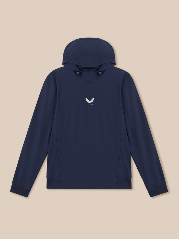 Front view of midnight navy golf hoodie with hood down and Castore logo on the chest
