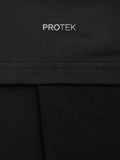 Close-up of black fabric with PROTEK branding and a stitched seam.