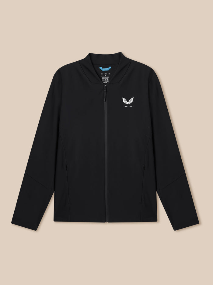 Front view of black Castore LVS Winter Jacket with full zip and chest logo