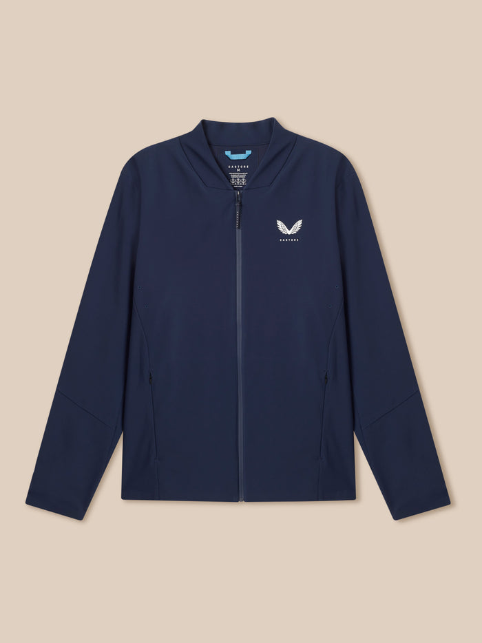 Midnight navy Castore men's golf winter jacket with front zip and left chest logo
