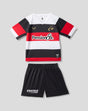 Infant Saracens 150th Anniversary kit two piece set in white black and red with gold 150 on the back and PensionBee branding on the chest and ENSTAR on the shorts