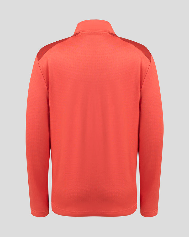 Back view of red Saracens training quarter zip top showing darker shoulder panels and a high collar