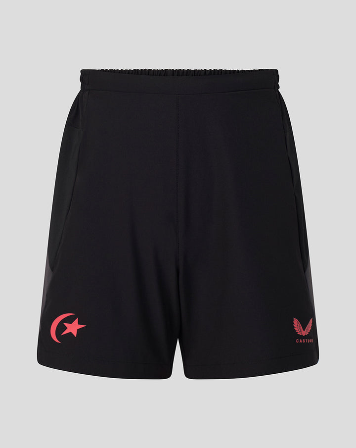 Black Saracens training shorts with pink crescent moon and star on left leg and Castore branding on right leg