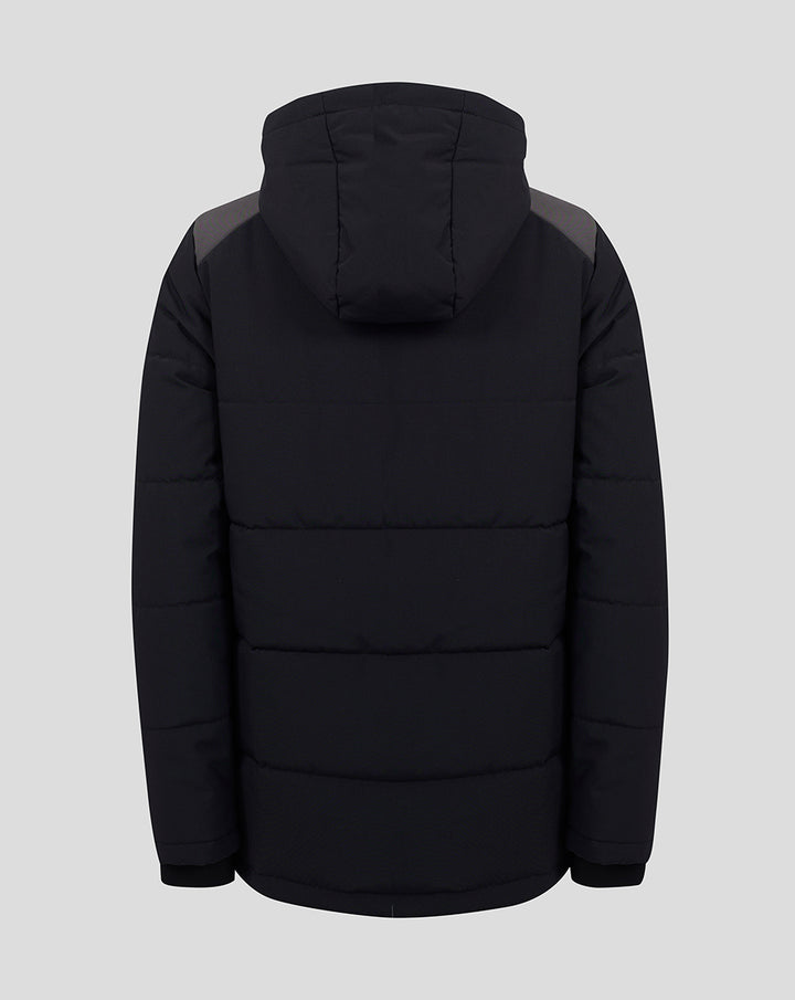 Back view of black padded Saracens junior training jacket with hood.
