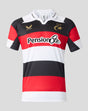 Back neck of white Saracens 150th Anniversary replica shirt with gold 150 emblem.