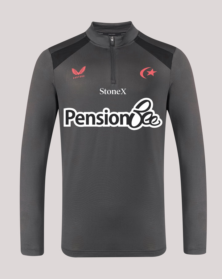 Grey Saracens training quarter zip top with black shoulder panels and front crest