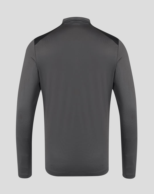 Back view of grey Saracens training quarter zip top with black shoulder panels