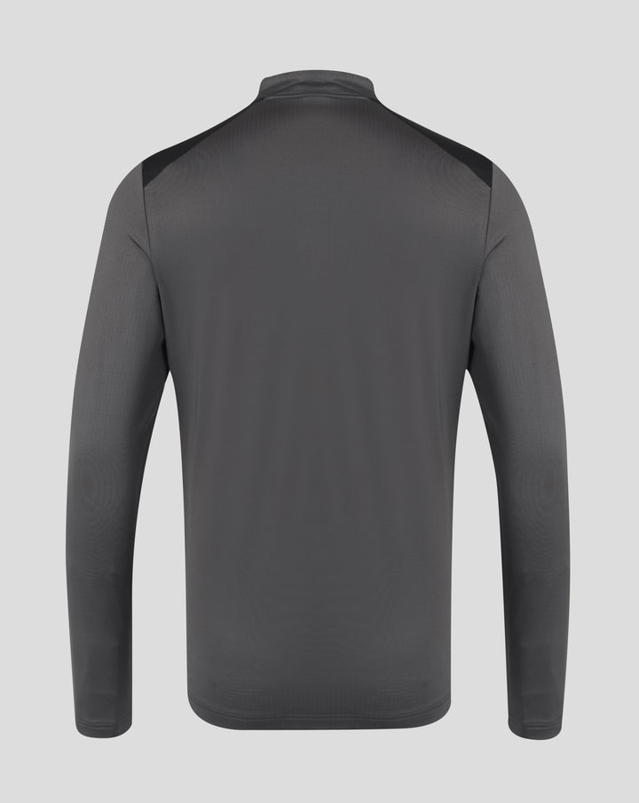 Back view of grey Saracens training quarter zip top with black shoulder panels