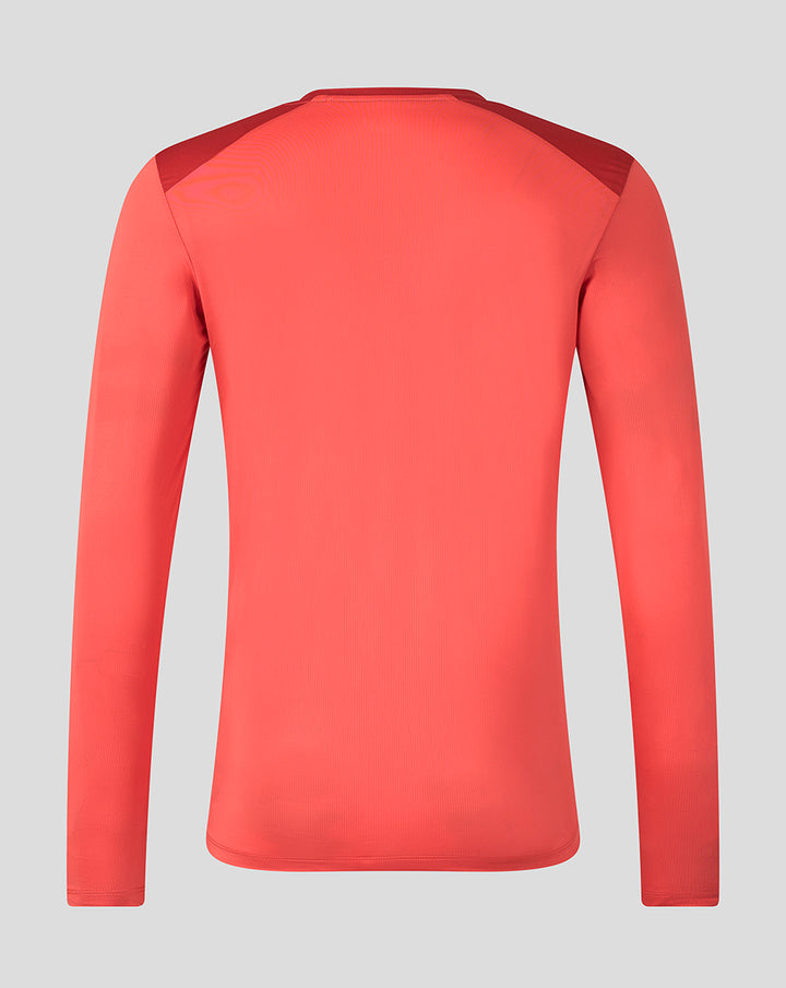 Back view of rose training long sleeve top showing darker shoulder panels and a comfortable crew neckline.