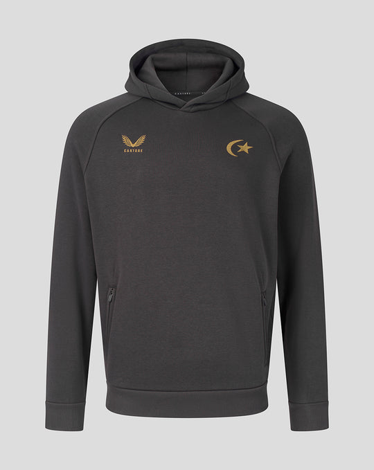 Dark grey travel fleece hoodie with gold Wing Castore emblem on left chest and crescent moon and star on right chest.