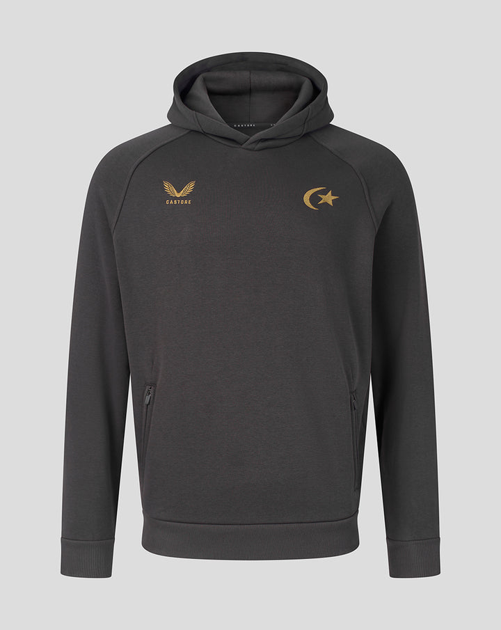 Dark grey travel fleece hoodie with gold Wing Castore emblem on left chest and crescent moon and star on right chest.