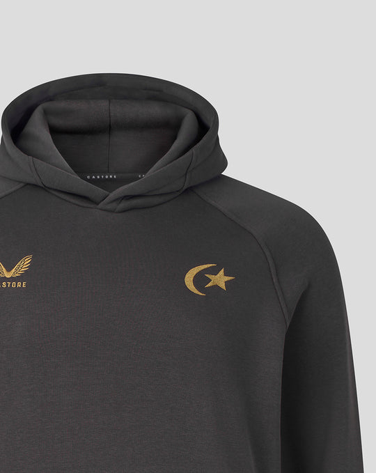 Hooded grey Saracens travel hoodie shown from the neckline area with soft fabric and stitching