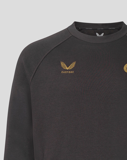 Close-up of the chest area showing gold wing crest and CASTORE branding on a dark grey travel sweatshirt.