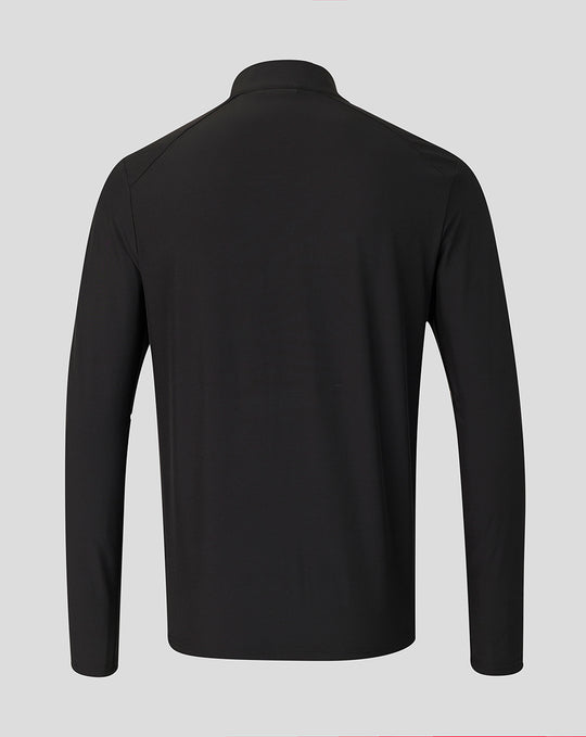 Back view of black Saracens matchday jacket with clean panels and high collar.