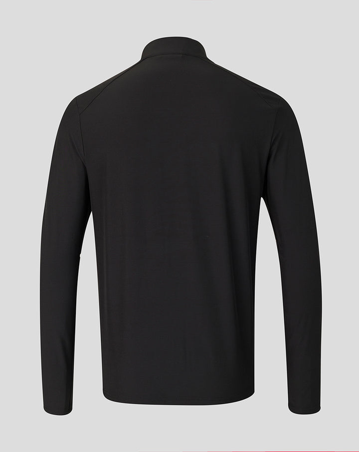 Back view of black Saracens matchday jacket with clean panels and high collar.