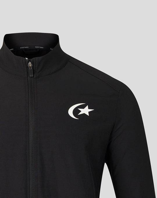 Close-up of black Saracens matchday walkout jacket featuring a front zip and white crescent moon and star logo on the chest