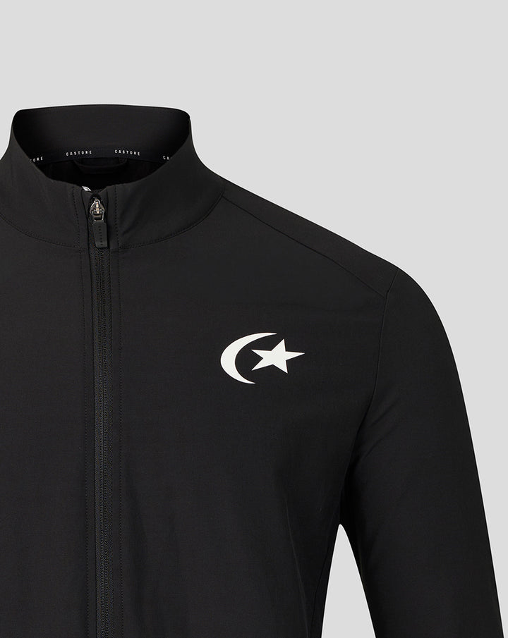 Close-up of black Saracens matchday walkout jacket featuring a front zip and white crescent moon and star logo on the chest