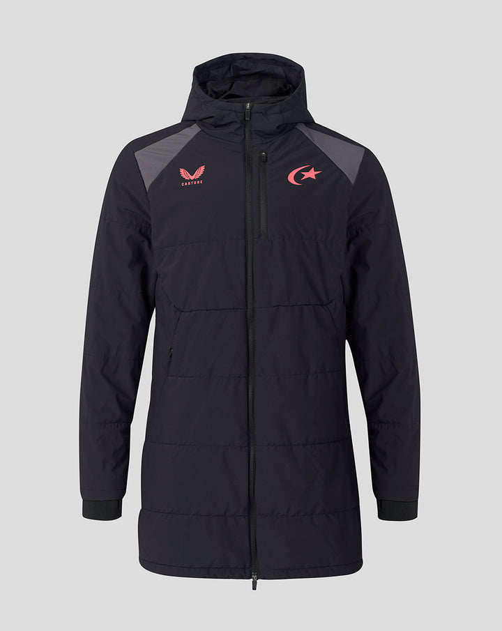 Front view of black Saracens 2026/27 training padded jacket with hood and pink logos