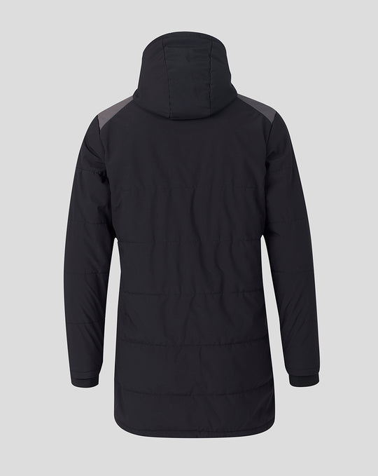 Back view of black Saracens training padded jacket with hood