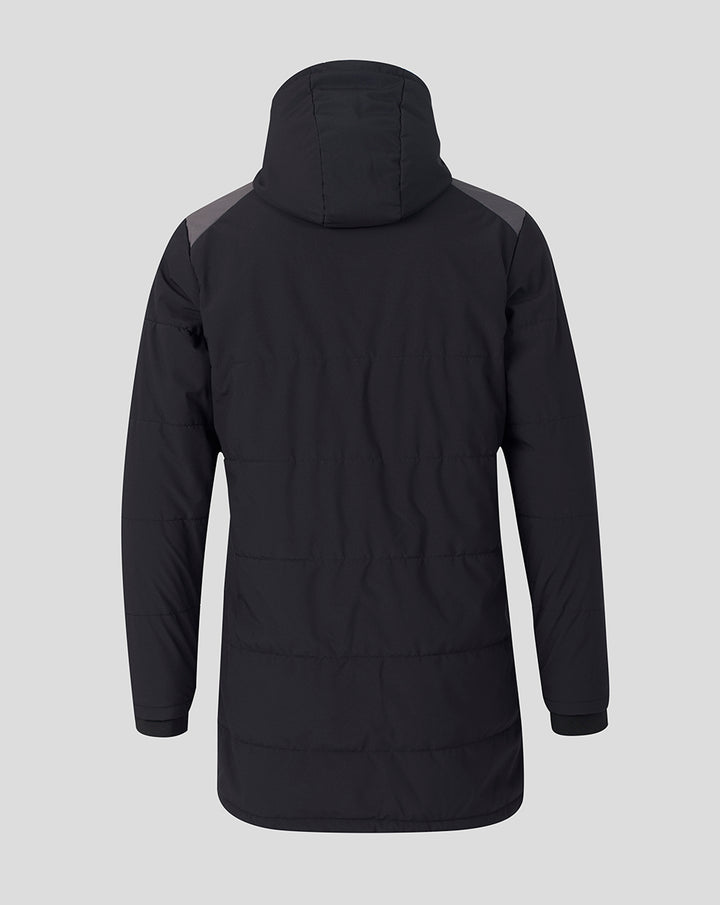 Back view of black Saracens training padded jacket with hood