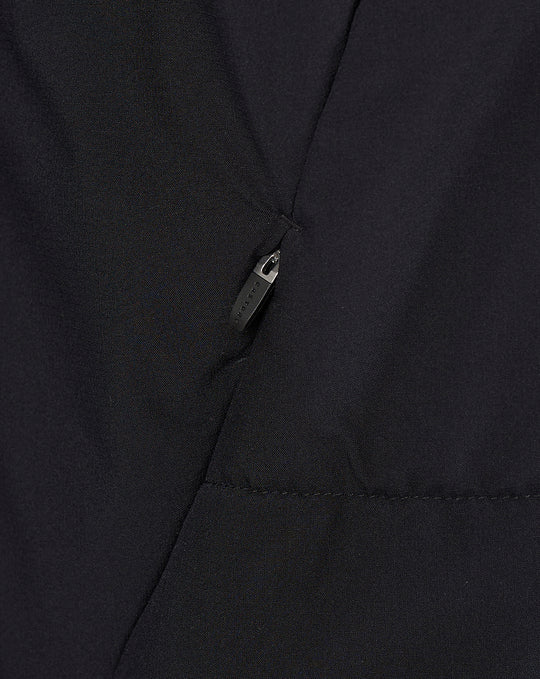 Close-up of zip pocket on black Saracens jacket with a small rectangular pull