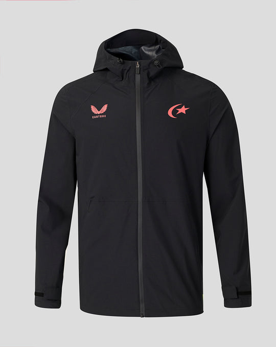 Front view of black Saracens training rain jacket with hood and pink crest logos