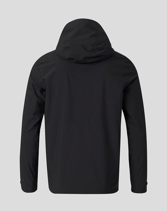 Back view of black waterproof Saracens training jacket with hood