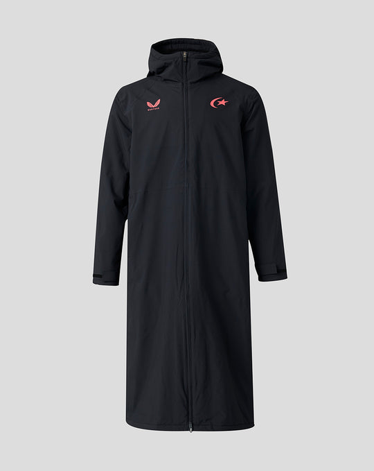 Front view of black Saracens Training Thermal Robe with hood full zip and pink crest branding